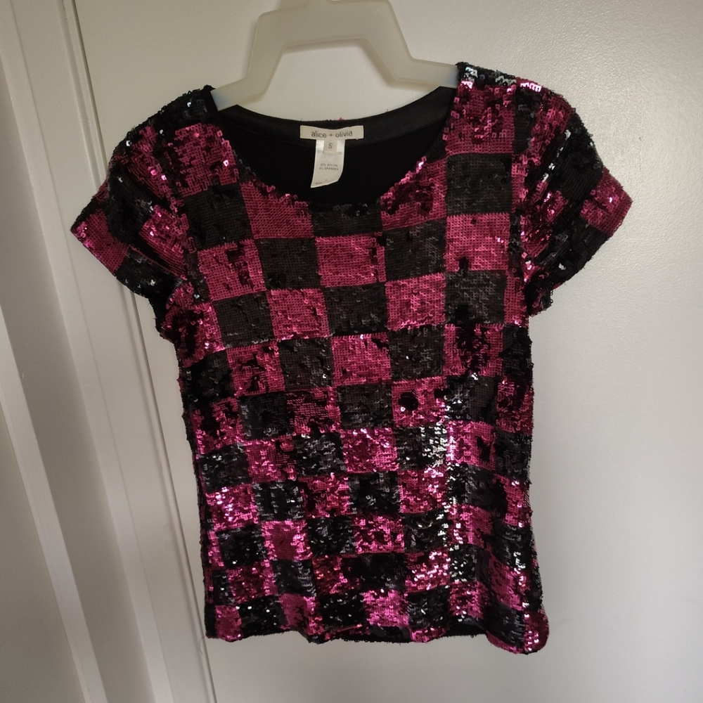 Alice + Olivia Black and Pink Sequin Blouse Size S